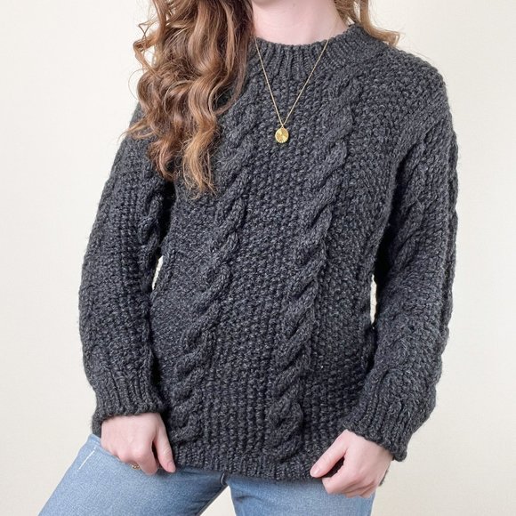Vintage Sweaters - Vintage Handmade Wool Cable Knit Oversized Sweater Chunky Aran Preppy Fisherman